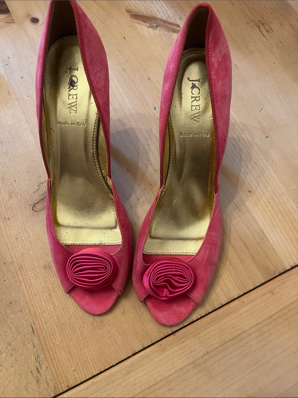 J. Crew Pink Suede Peep-Toe Heels with Rosette